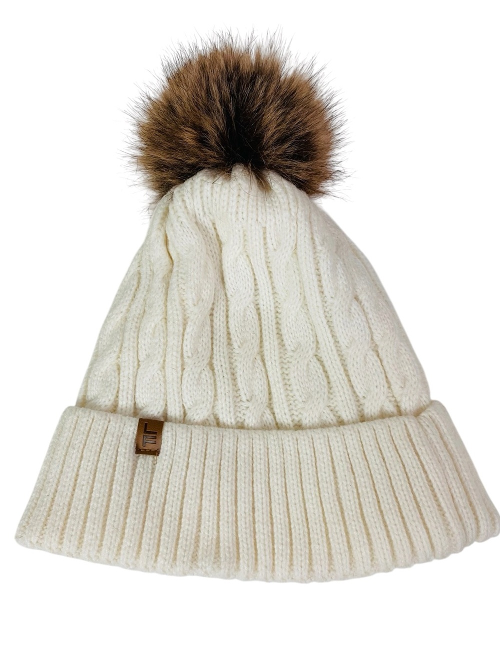 London Fog Cream Cable Knit Beanie W/Pom